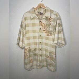 Tommy Bahama Checkered Wheat Leaf Print Button Down Shirt Size XL 100% Silk